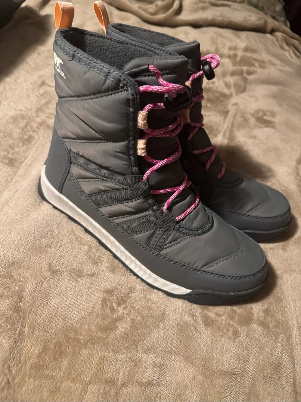 Sorel Gray Winter Boots with Pink Laces